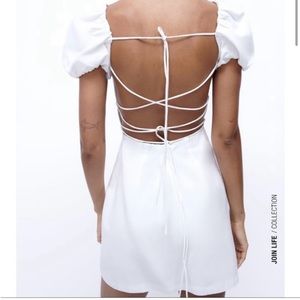 Zara Join Life Collection boho open back puff sleeve eyelet mini dress size S